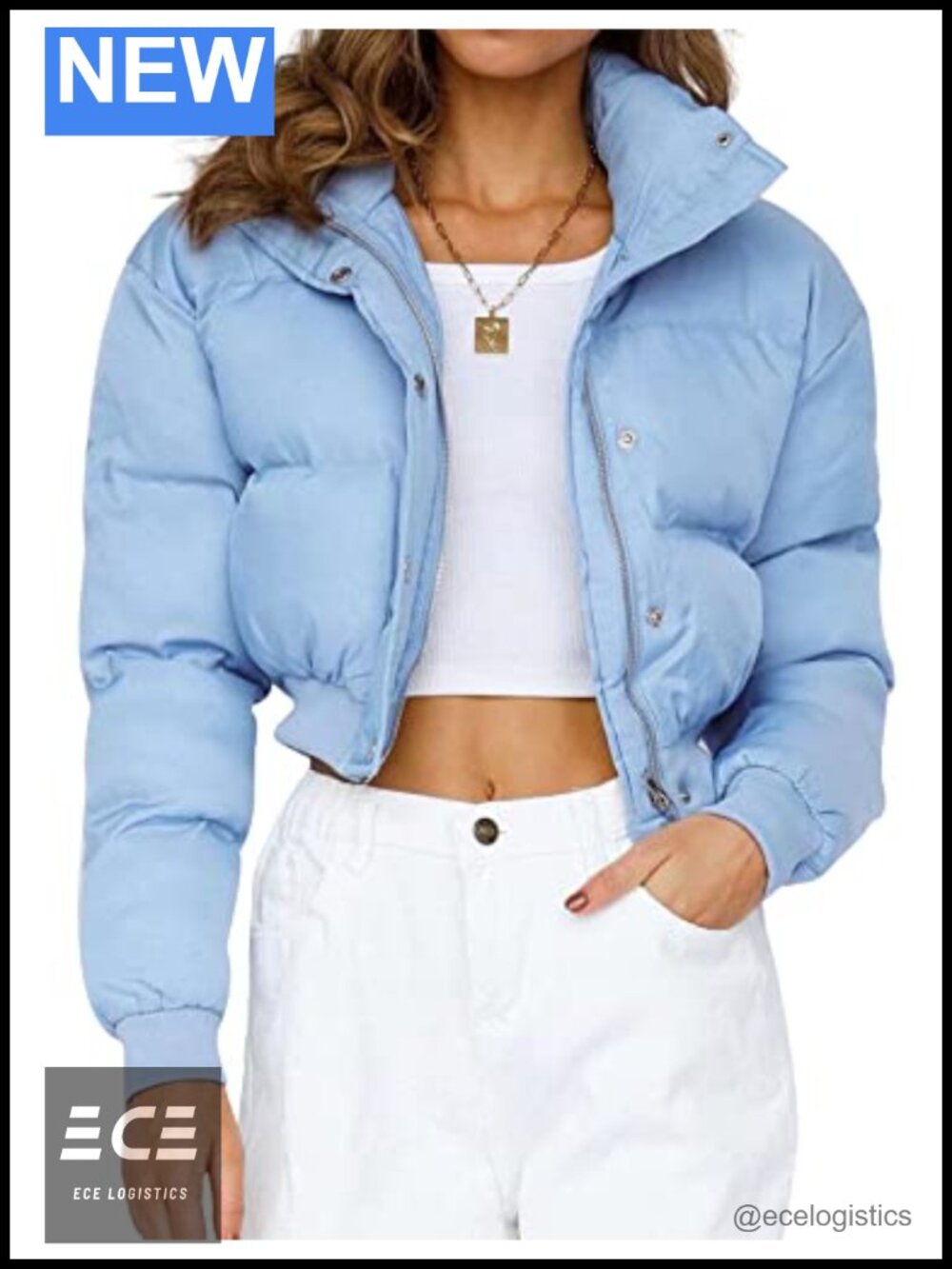 Cropped Puffer Jacket Quilted Bubble Coat Full Zip Snap Stand Collar